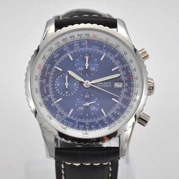 46 MM Corgeut Mens Kellad Top Brändi Luksus Helendav sinine Vaadata Meeste Nahast Chronograph Quartz Watch Mees kella Auto Kuupäeva