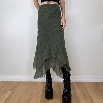 Dourbesty Grunge Vintage Roheline Midi Seelikud 2000ndate Elegantsed Daamid Kõrge Vöökoht Ruffles Sifonki Seelik Naiste Streetwear Fairycore y2k