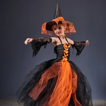Halloween Witch Kostüümid Tüdrukute Kids Must Tüll Pikk Kleit ja Komplekt Müts Mansett Tüdruk Karneval Pool Kleit Printsess Kleidid