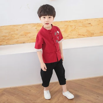 Hiina stiilis poiss puuvill ja linane ülikond suvel lühikeste varrukatega laste riided retro Tang sobiks kooli ühtne Hanfu