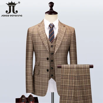 ( Jope + Vest + Püksid) 5XL Pruun Retro, Ruuduline Ülikond Kevadel ja Sügisel Briti Stiilis Meeste Ülikond Peigmees Pulmas Kleit Klassikaline 3piece