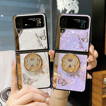 Luksuslik 3D Värviline Rhinestone Liblikas Sulg Telefon Case For Samsung Galaxy Z Flip 4 Glitter Unistav Conch Shell Muster Kate
