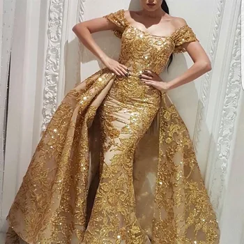 Luksuslik Kuld Õhtukleit Naised Maha Õla Peep Varba Kingad Õhtul Hommikumantlid Dubai Retro Elegantne Suur Kiik Pikad Kleidid 2021 Sügis Talv