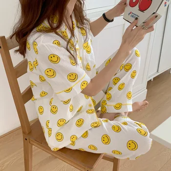 Suvel Smiley Lühikesed Varrukad Marli Pajama Naiste Homewear Set Krepp Puuvillased Püksid Sleepwear Tops Pyjama Sobiks Femme Valge Armas D315