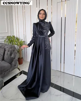 Tumesinine Satiin Beaded Hijab Moslemi Õhtukleidid Araabia Dubai Pikad Varrukad Tanssiaiset Ametlik Pool Kleit Riideid De Soirée